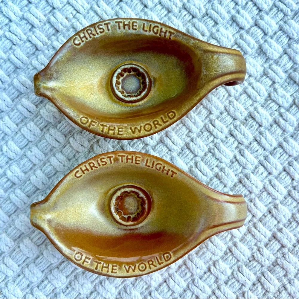 Two Frankoma Oral Roberts Tulsa 1971 Light of the World Ceramic Candle Holders